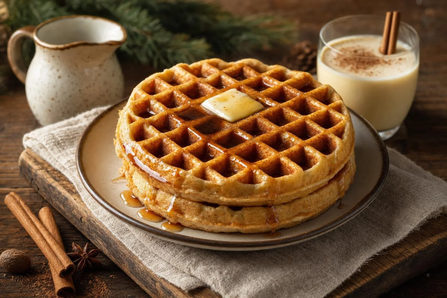 Eggnog Waffles with Cinnamon Syrup